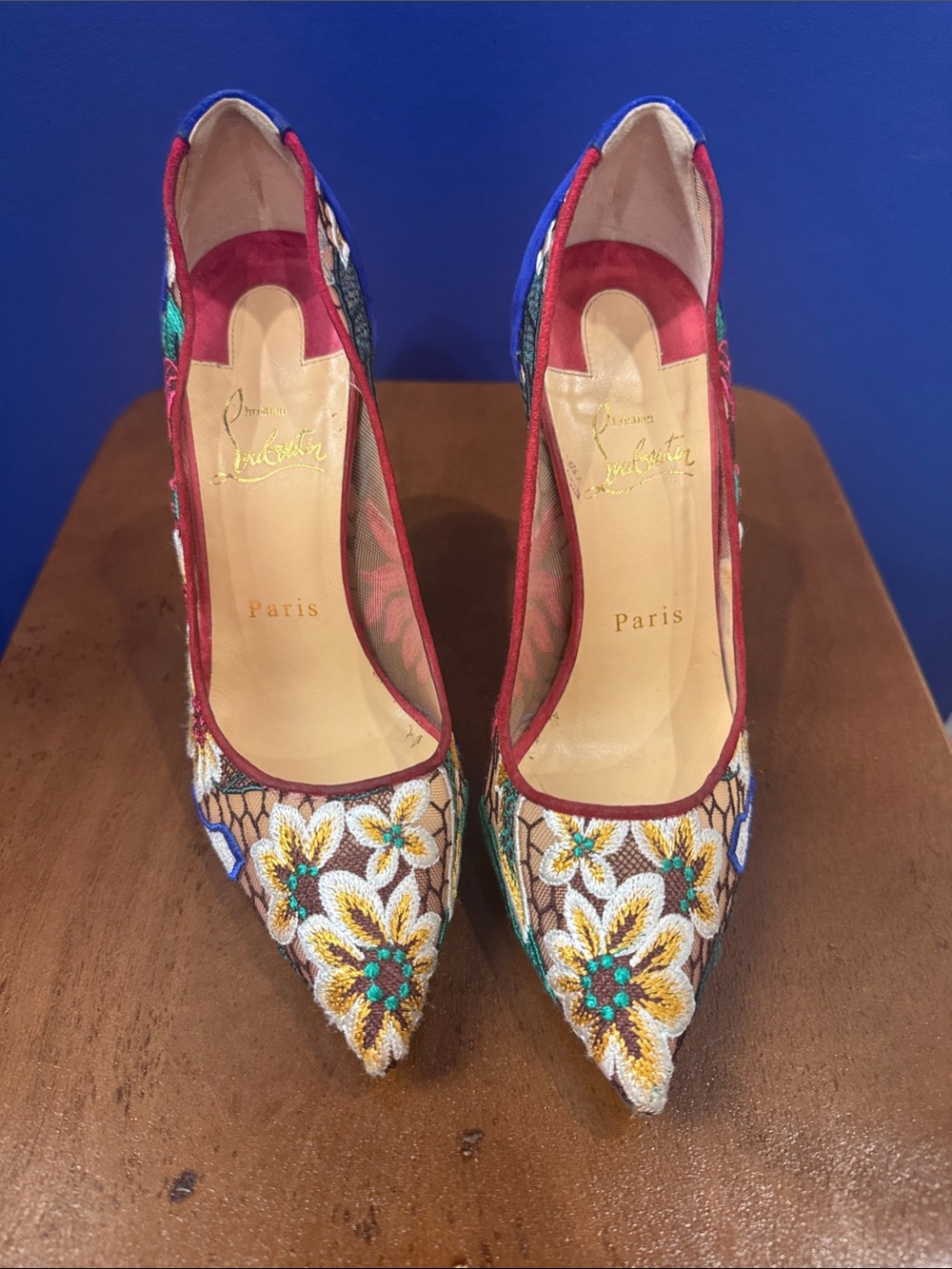 Christian Louboutin Floral Embroidered Pointed Mesh Pumps - Multicolor